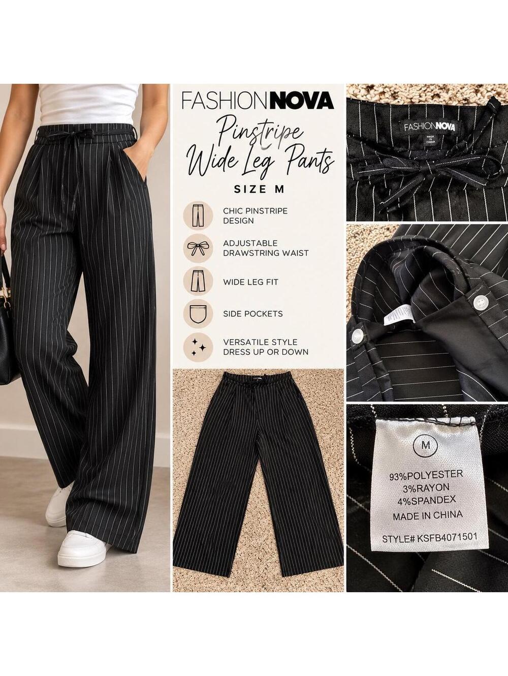 Fashion Nova Black Pinstripe Wide-Leg Pants – Size M